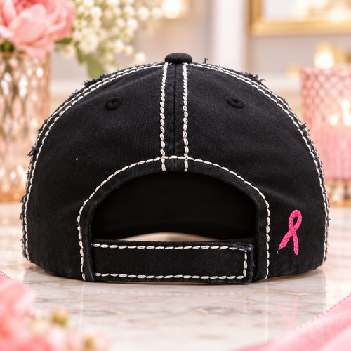 Back view of black distressed baseball cap with adjustable closure and small pink ribbon embroidery