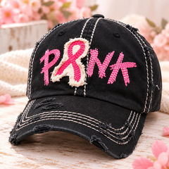 Black distressed baseball cap with pink breast cancer ribbon patch and PINK embroidery