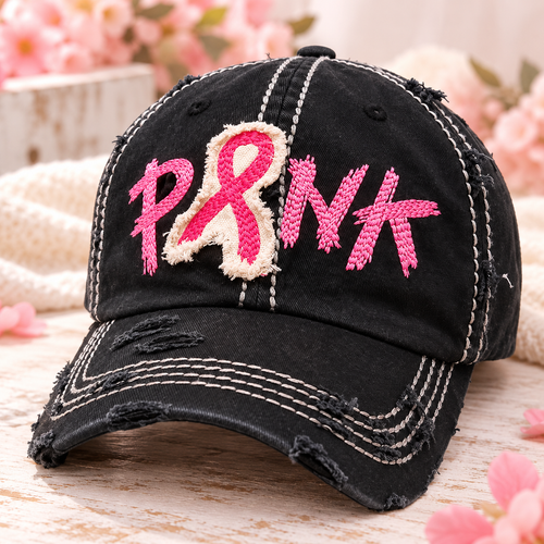Black distressed baseball cap with pink breast cancer ribbon patch and PINK embroidery