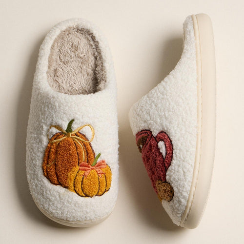 Pumpkin and brewed cup fuzzy slippers side view
