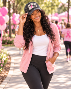Woman wearing This Is My Fight Hat at a breast cancer awareness walk