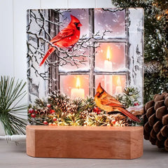 Together for Christmas LED Nightlight depicting two red and orange cardinals by a snowy candlelit winter window