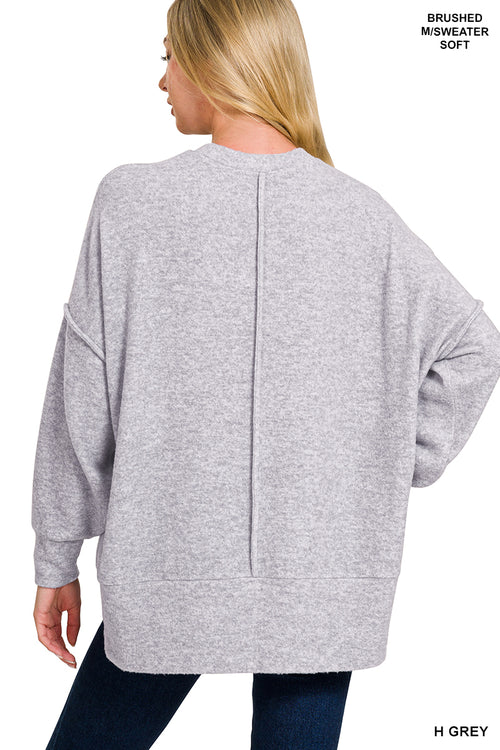 Zenana cloud-soft oversized pocket sweater in Heather Grey, back view