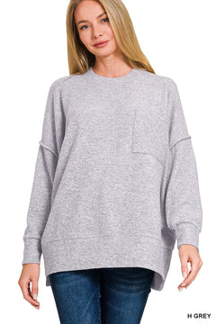 Zenana cloud-soft oversized pocket sweater in Heather Grey, front view