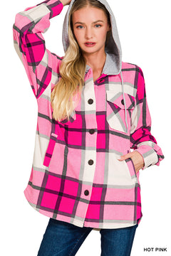 Zenana Hot Pink plaid hooded fleece shacket buttoned with hood up