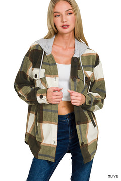 Zenana plaid hooded fleece shacket in Olive, front view