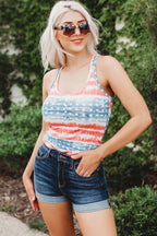 American Flag Print Button Front Casual Tank Top for Women
