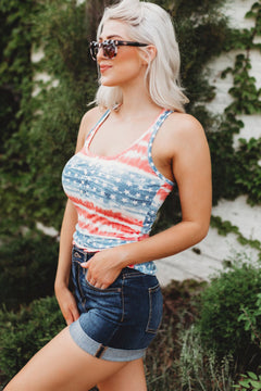American Flag Print Button Front Casual Tank Top for Women