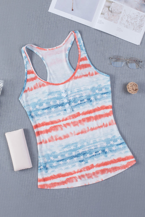 American Flag Print Button Front Casual Tank Top for Women
