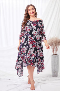 Plus Size Floral Off-Shoulder Handkerchief Hem Dress