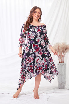 Plus Size Floral Off-Shoulder Handkerchief Hem Dress