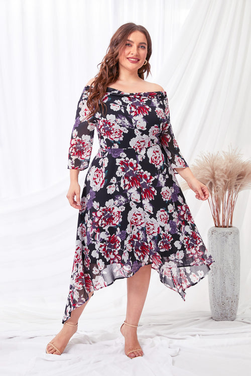 Plus Size Floral Off-Shoulder Handkerchief Hem Dress