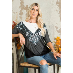 3/4 Sleeve Animal and Solid Colorblock Top