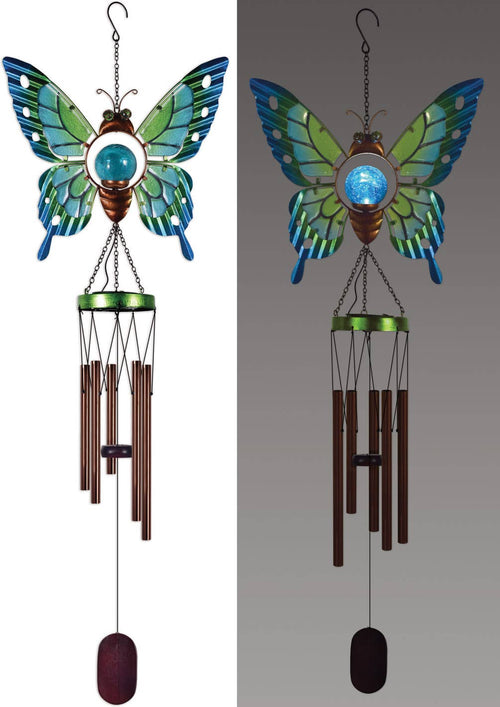 Blue and green butterfly solar wind chime hanging outdoors with five bronze aluminum chime tubes.
