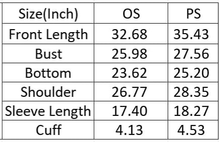 A size comparison table showing measurements in inches for OS and PS sizes, including front length, bust, bottom, shoulder, sleeve length, and cuff.