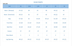 Official size chart for the Echo Pants listing measurements for XS through 3X.