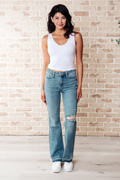 Judy Blue Isla Mid Rise Distressed Bootcut Jeans – Vintage Wash with Released Hem | Sizes 0–24W
