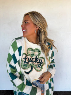 Lucky Charm Cloud Check Cardigan – St. Patty Green (Preorder)
