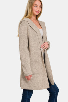 Zenana Hooded Open Front Sweater Cardigan - Cozy & Versatile Layering Piece in Light Mocha