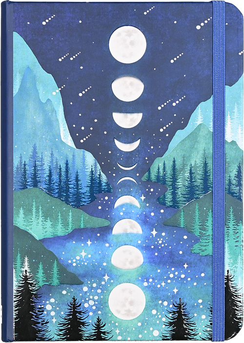 Lunar Wilderness Journal with moon phases over a blue mountain lake and forest night scene.