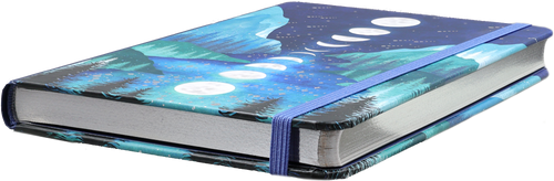 Closed hardcover journal with moon phase wilderness cover shown at an angled side view.
