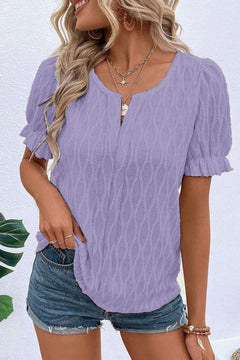 Ruffled Texture Notched Short Sleeve Blouse – Lightweight & Versatile Top for Women