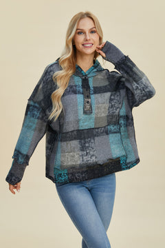 Double Take Full Size Plaid Dropped Shoulder Hoodie - Sizes Small through 3XL