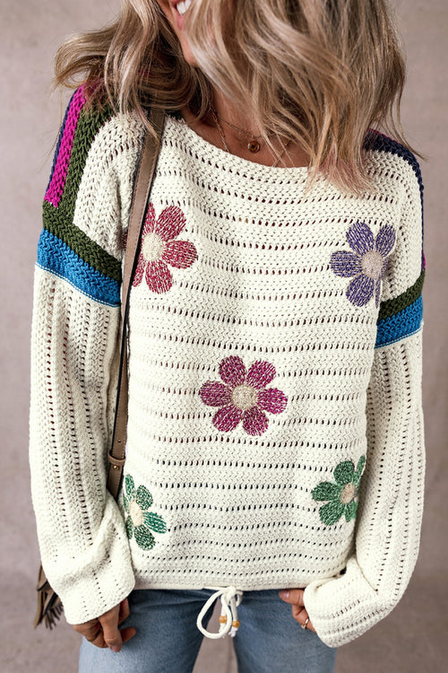 Flower Round Neck Long Sleeve Sweater - Perfect for Back to School