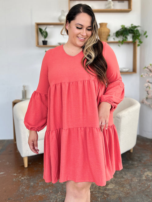 Double Take Full Size V-Neck Balloon Sleeve Tiered Dress (Sizes S-3XL)