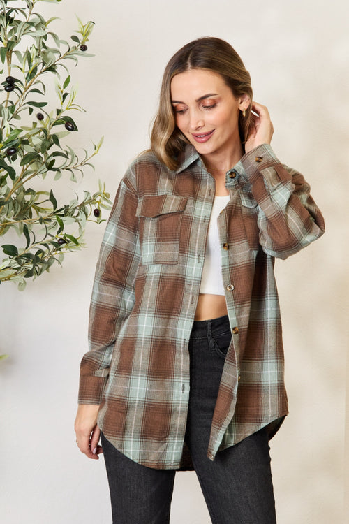 Plaid Dropped Shoulder Shirt - Olive Brown - Sizes S-2XL