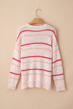 Pink & White Confetti Round Neck Dropped Shoulder Sweater – Cozy & Fun