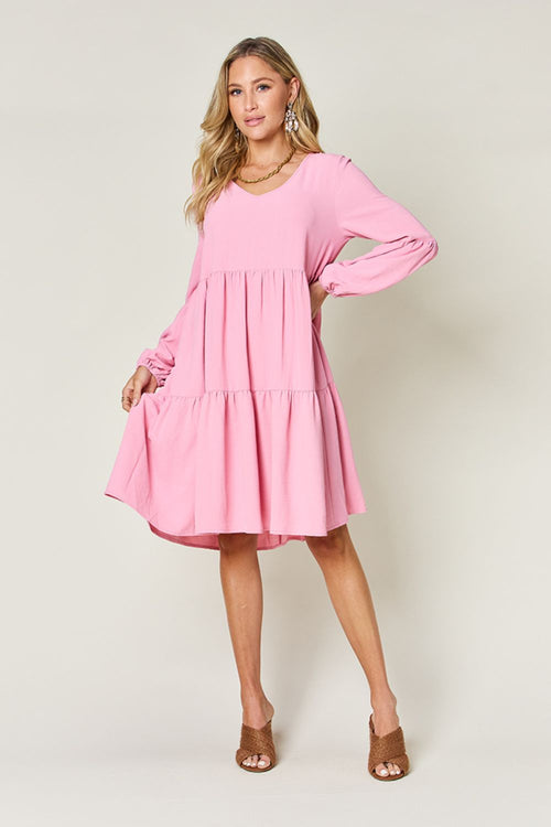 Double Take Full Size V-Neck Balloon Sleeve Tiered Dress (Sizes S-3XL)