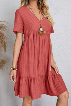 Elegant Full-Size Ruched V-Neck Short Sleeve Dress - Available in 7 Colors, Sizes S-3XL