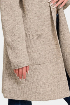 Zenana Hooded Open Front Sweater Cardigan - Cozy & Versatile Layering Piece in Light Mocha