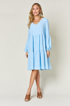 Double Take Full Size V-Neck Balloon Sleeve Tiered Dress (Sizes S-3XL)