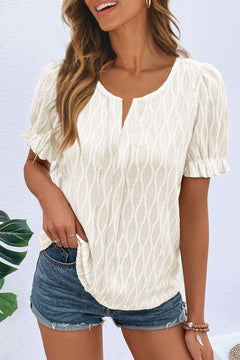 Ruffled Texture Notched Short Sleeve Blouse – Lightweight & Versatile Top for Women