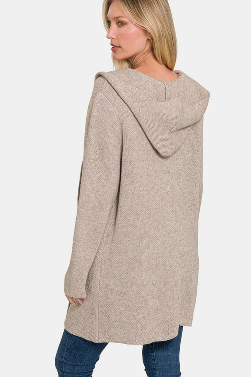 Zenana Hooded Open Front Sweater Cardigan - Cozy & Versatile Layering Piece in Light Mocha