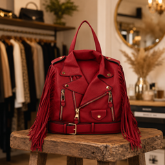 A red vegan-leather motorcycle jacket backpack with fringe details and gold-tone hardware, displayed on a rustic wooden stool in a boutique setting.