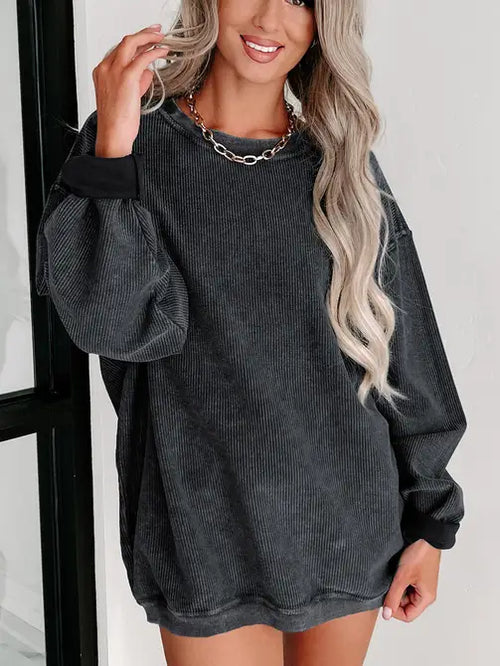LoveSoft Ribbed Knit Round Neck Pullover Sweatshirt