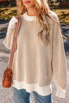 Versatile Round Neck Striped Dropped Shoulder Sweater – Cozy & Stylish