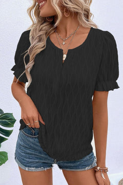 Ruffled Texture Notched Short Sleeve Blouse – Lightweight & Versatile Top for Women