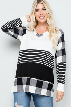 Plaid & Stripe Color Block Long Sleeve Top — Red or Black/White