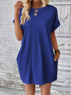 Effortlessly Chic: Round Neck Short Sleeve Mini Dress with Pockets in 8 Gorgeous Colors!