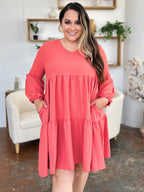 Double Take Full Size V-Neck Balloon Sleeve Tiered Dress (Sizes S-3XL)