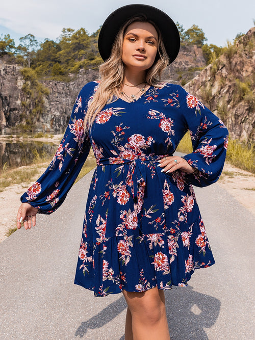 BeYOUtiful Plus Size Navy Floral V-Neck Long Sleeve Dress - Available in Sizes 0XL to 4XL