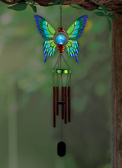 Solar butterfly garden wind chime with blue and green glass butterfly design and bronze chime tubes.