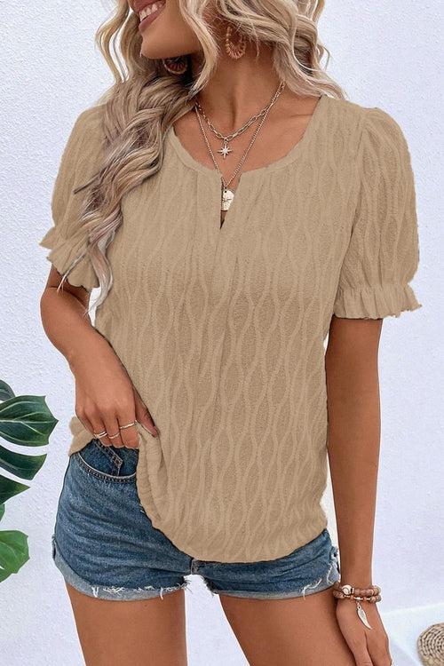 Ruffled Texture Notched Short Sleeve Blouse – Lightweight & Versatile Top for Women