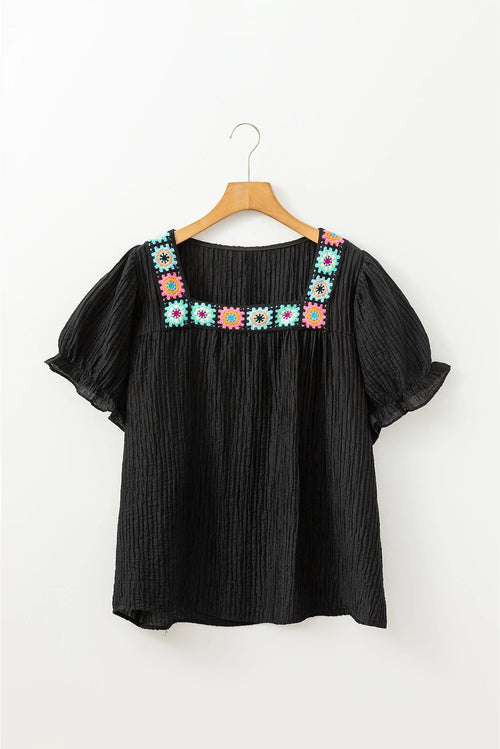 Black Floral Crochet Ruffle Top – Plus Sizes 1XL to 4XL – Preorder Now!