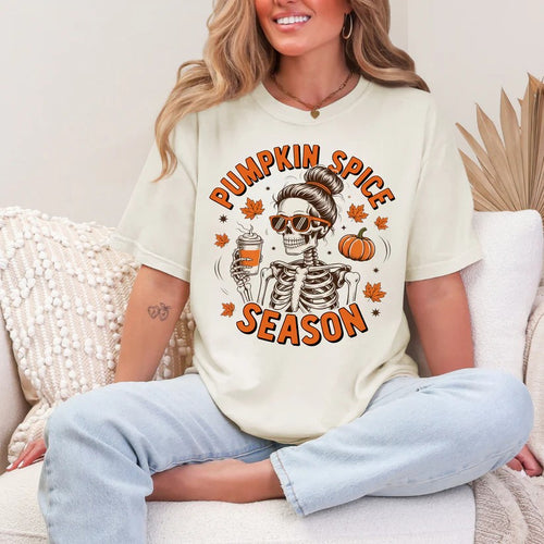 Model wearing ivory Pumpkin Spice Season graphic tee