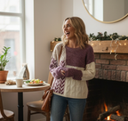 Model wearing plum and cream patchwork knit sweater (front view)